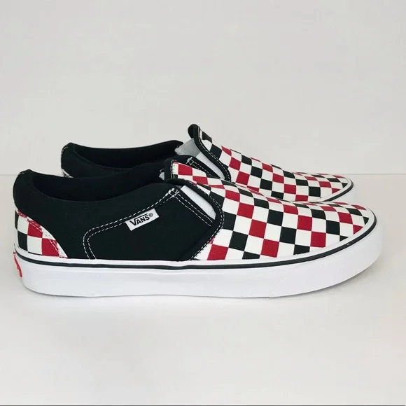 New! Vans Asher Men’s Skate Shoes Chili Pepper Black Check Slip On Sneakers - Picture 4 of 13